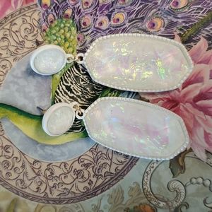White iridescent opal  simmer dangle pierced earrings beveled acrylic